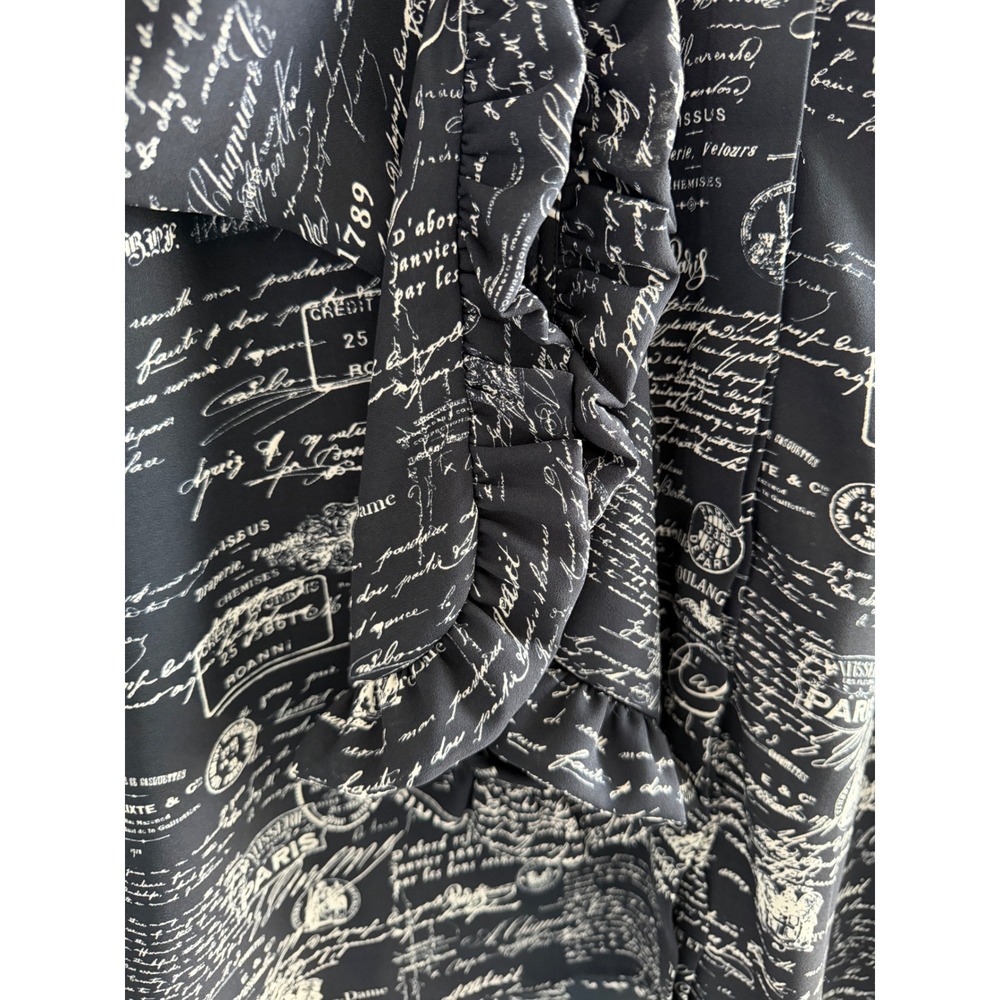 Tahari French Script Postmark Print Ruffle Cuff Blouse Black White Long Sleeve - Picture 7 of 11